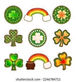 A set of icons for St. Patrick's Day, a cultural and religious Irish holiday, holiday design symbols with images of a rainbow, pot, pot of gold, clover