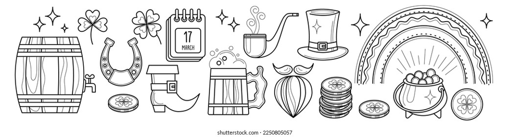 set icons for St  Patrick's day  linear symbols for coloring book  contour symbols   signs Irish traditional culture  stock vector illustration  EPS 10 