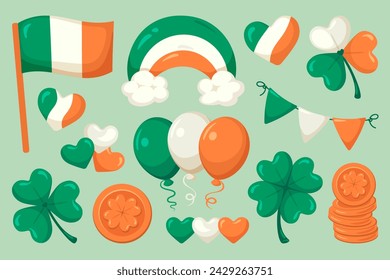 Set von Icons für St. Patrick's Day. Sammlung isolierter Vektorelemente. Irische Flagge, Herz, Regenbogen, Ballons, Klee und Münzaufkleber in den Farben der irischen Flagge