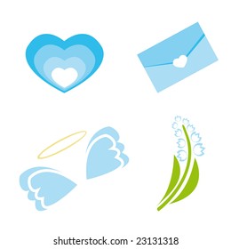 Set of icons for st. Valentine day (heart, envelope, wings, lily of the valley). Vector illustration.