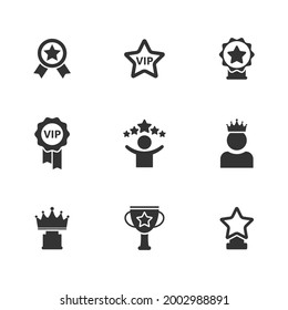 Set of icons with star, vip sign; vector icons with award, trophy cup, user crown