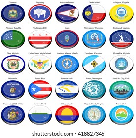 Set of icons. States and territories of USA flags.   