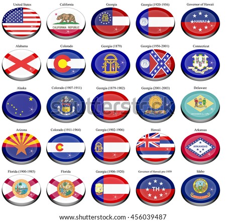 Set of icons. States and territories of USA flags.   