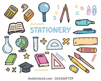 Set of icons with Stationery theme. With doodle style. For layout, website, graphic design.