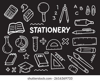 Set of icons with Stationery theme. With doodle style. For layout, website, graphic design.