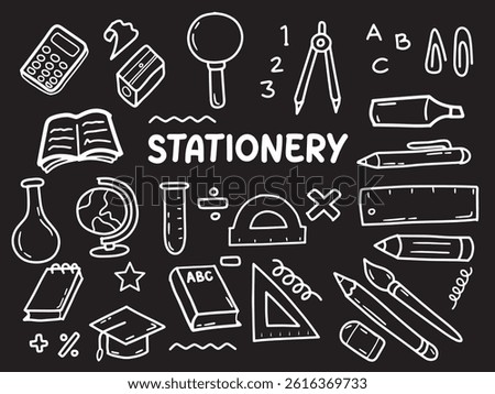 Set of icons with Stationery theme. With doodle style. For layout, website, graphic design.