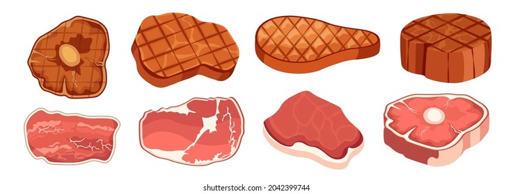 Set of Icons Steak Raw and Fried Chops. Meat Sirloin Roast and Freash Pieces, Barbeque or Grill Meal, Fresh and Done Beef Slices Isolated Elements on White Background. Cartoon Vector Illustration