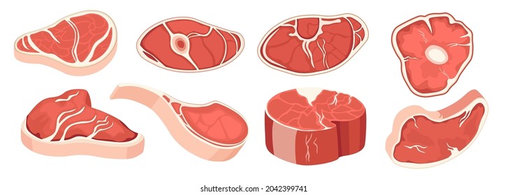 Set of Icons Steak Raw Pieces, Meat Cuts of Different Shape and Size, Meal for Barbeque or Grill, Fresh Beef Slices for Cooking Isolated Elements on White Background. Cartoon Vector Illustration