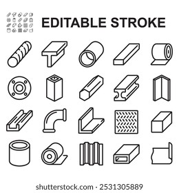 Set of icons of steel and iron products for construction industry work, vector line icons set.