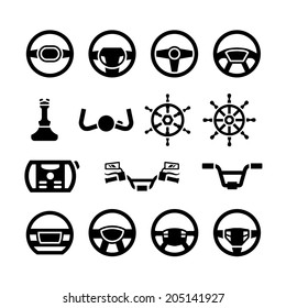 Set icons of steering wheel, marine steering, helm, bicycle and motorcycle handlebar isolated on white. Vector illustration