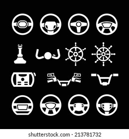 Set icons of steering wheel, marine steering, helm, bicycle and motorcycle handlebar isolated on black. Vector illustration