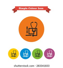 Set of icons with stethoscope and tongue depressors, with text on red ribbon