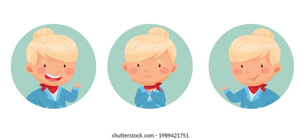 Set of icons with a stewardess on a light blue background. Vector illustration