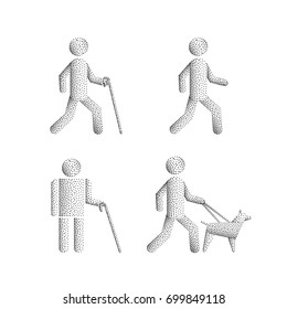 Set Of Icons Stick Figure With Blind People, The Silhouette Of A Human Figure With A White Cane And A Seeing Eye Dog. Vector Person Visually Impaired The Blind