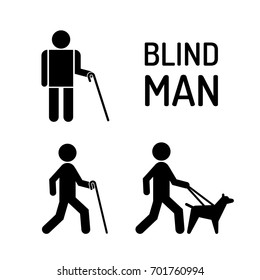 Set of icons stick figure with blind people, the silhouette of a human figure with a white cane and a seeing eye dog. Vector person visually impaired the blind