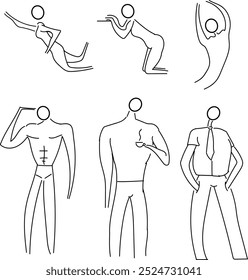 A set of icons or stickers in the form of people. All characters in different poses.