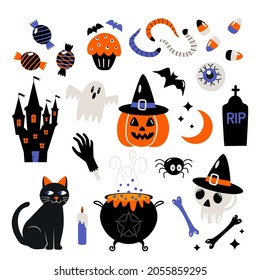 set of icons stickers for halloween. characters jack lamp, skull, witch's cauldron, black cat, eyes, worms, monster hand, bat. vector illustration isolated on white background