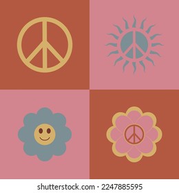 Set icons, stickers in hippie style with Peace sign and flowers in hippie style on pink squares on background