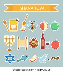 Set icons stickers on the Jewish New Year, Rosh Hashanah, Shana Tova. Cartoon icons stickers flat style. Traditional symbols of Jewish culture. Vector illustration.