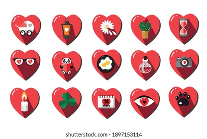 
Set of icons, stickers in the shape of a heart for Valentine's Day. Vector flat style illustration.