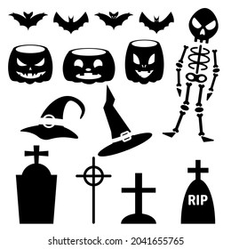 a set of icons, stickers, a silhouette for Halloween. skeleton, pumpkins, graves, bats, witch hats