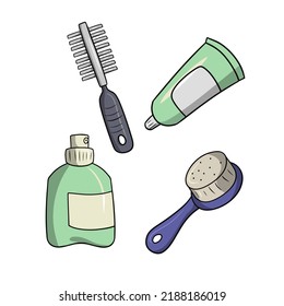 A set of icons and stickers, tools for caring for animal fur, vector illustration in cartoon style on a white background