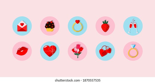 Set of icons and stickers for Valentine's Day. Vector set of stickers for design, social networks. Fashionable elements illustrated in the circles. Hearts and kisses