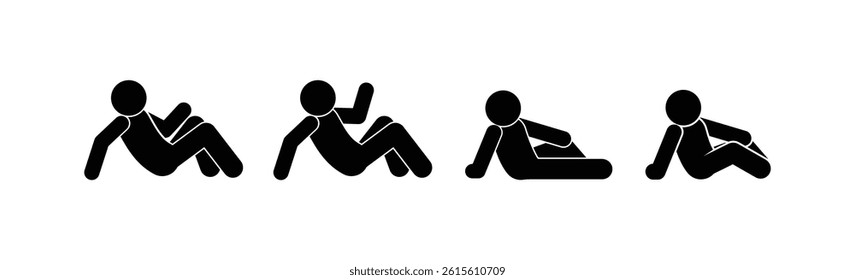 set of icons stickman sitting lying, sticks figure people pictograms, isolated human silhouettes