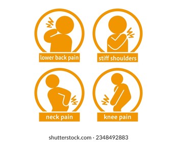 Symbolsatz für steife Schultern und Rückenschmerzen, die in Flyers für osteopathische Kliniken und osteopathische Krankenhäuser verwendet werden können.Englische Version