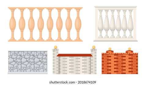 Set of Icons Stone and Marble Fences, Handrail, Balustrade Sections Made of Brick. Balcony Panels, Stairway or Terrace Fencing Architecture Isolated on White Background. Cartoon Vector Illustration