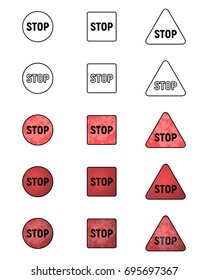 Set of icons with a STOP sign. Collection of symbols warning vector illustration.Red, white and black. Simple and outline element, volume and grunge texture.