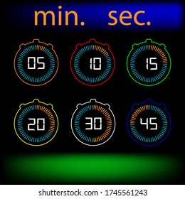 Set of icons. Stopwatch timer or digital countdown with vector minutes and seconds on display. Black background.