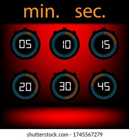 Set of icons. Stopwatch timer or digital countdown with vector minutes and seconds on display. Black and red background.