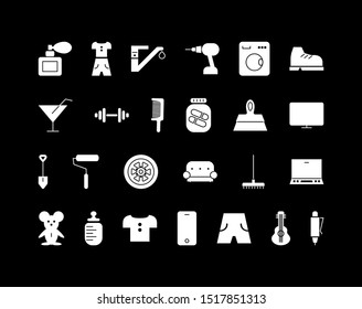 Set of icons for a store of different goods. White silhouette on a black background. EPS 10 vector.