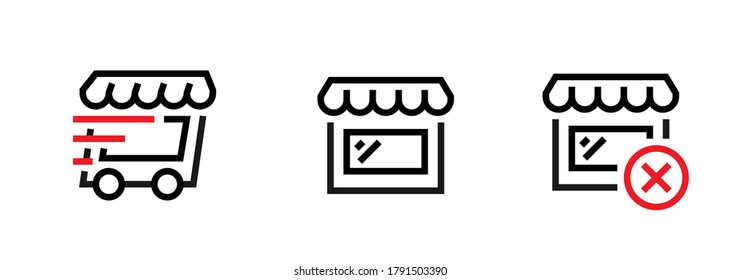 Set icons store for indicate shop delivery, shop delete or cancel order with black and red outline. Editable Vector Stroke. Simple sign for navigation online stores on supplements and websites.