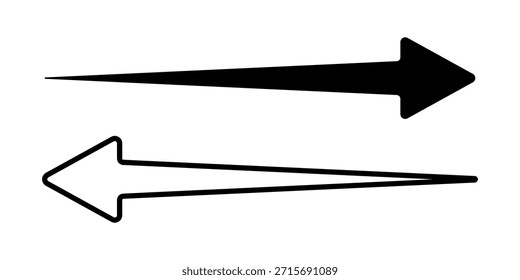 Um conjunto de ícones com setas longas horizontais retas para a direita, esquerda, silhueta e contorno. Ilustração vetorial gráfica de sinais de direção, um ponteiro, isolado em um fundo branco