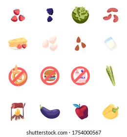 Set of Icons Strawberry, Blackberry and Cabbage with Beans, Cheese, Eggs, Almond and Asparagus. Milk and Gluten Intolerance, Burger and Pretzel with Eggplant and Meat. Cartoon Vector Illustration