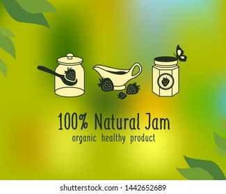 Set of icons for strawberry jam on a green background. Vector image