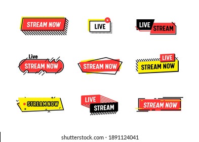 Set de Icons Stream Now, Live Streaming. Concepto de transmisión para noticias de video, problemas de pantalla de televisión. Canal en línea, etiquetas de eventos en vivo, aisladas en etiquetas o carteles de vectores lineales de fondo blanco