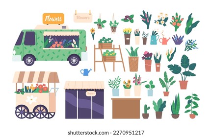 Set of Icons Street Flower Shop Booth, Bus and Florist Store Facade. Isolated Bouquets, Plants, Design Compositions