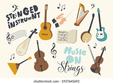 Set of Icons Stringed Instruments Theme. Dombra, Banjo, Acoustic or Electric Guitars, Balalaika, Cello or Violin with Notes Stave and Treble and Bass Clef, Conductor Hands. Cartoon Vector Illustration