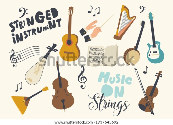 Set of Icons Stringed Instruments Theme.\
Dombra, Banjo, Acoustic or Electric Guitars, Balalaika, Cello or\
Violin with Notes Stave and Treble and Bass Clef, Conductor Hands.\
Cartoon Vector\
Illustration