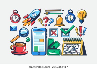 Set of icons in stroke for business concept, infographic. Rocket, timer, question answer, stationery, light bulb, envelope, mail, calendar, money, phone. Simple cartoon outline vector isolated