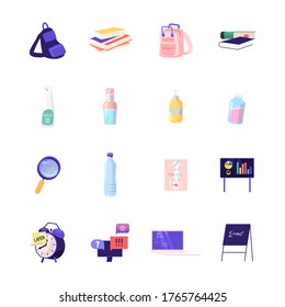 Set of Icons Student Rucksack, Books and School Textbooks, Sanitizer Bottles, Plastic Pollution, Statistics Charts with Alarm Clock, Blackboard with Formulas and Magnifier. Cartoon Vector Illustration