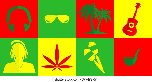set of icons in the style of a flat design on the theme of Rastafarian.