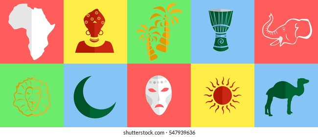 set of icons in the style of a flat design on the theme of Africa.
