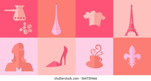 set of icons in the style of a flat design on the theme of france.