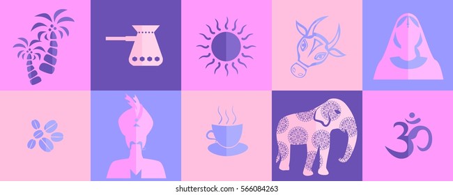 set of icons in the style of a flat design on the theme of india.
