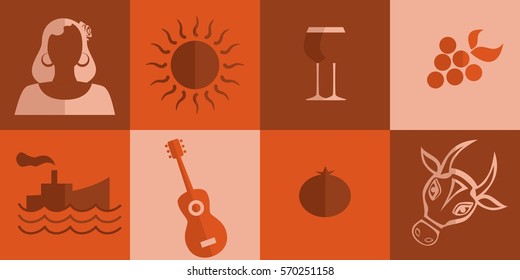 set of icons in the style of a flat design on the theme of spain.