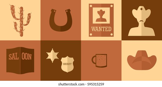 set of icons in the style of a flat design on the theme of cowboys.
